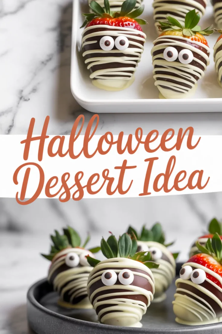 Fun Halloween dessert idea featuring chocolate-covered strawberries decorated like mummies with white chocolate drizzle and candy eyes, served on ceramic plates with a “Halloween Dessert Idea” caption.