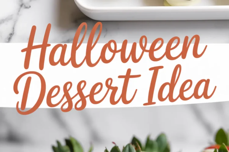 Fun Halloween dessert idea featuring chocolate-covered strawberries decorated like mummies with white chocolate drizzle and candy eyes, served on ceramic plates with a “Halloween Dessert Idea” caption.