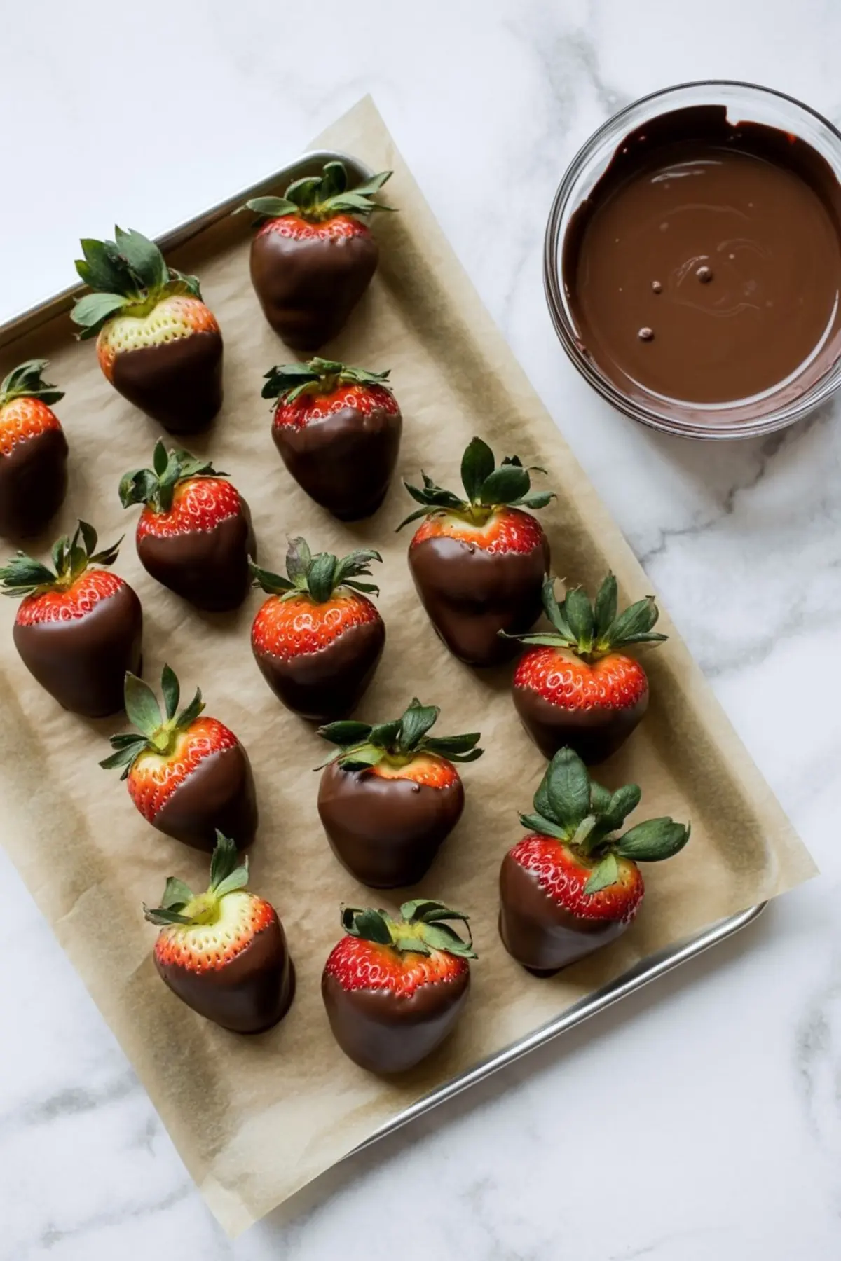 Tray of fresh strawberries dipped in glossy melted chocolate, arranged on parchment paper beside a bowl of liquid chocolate on a marble countertop.