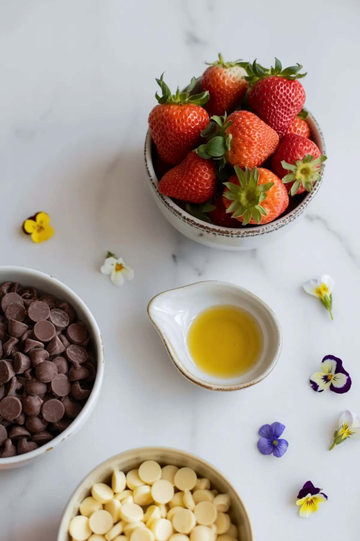 Flat lay of chocolate-dipped strawberry ingredients including a bowl of fresh strawberries, chocolate chips, white chocolate chips, a small dish of oil, and scattered edible flowers on a white surface.