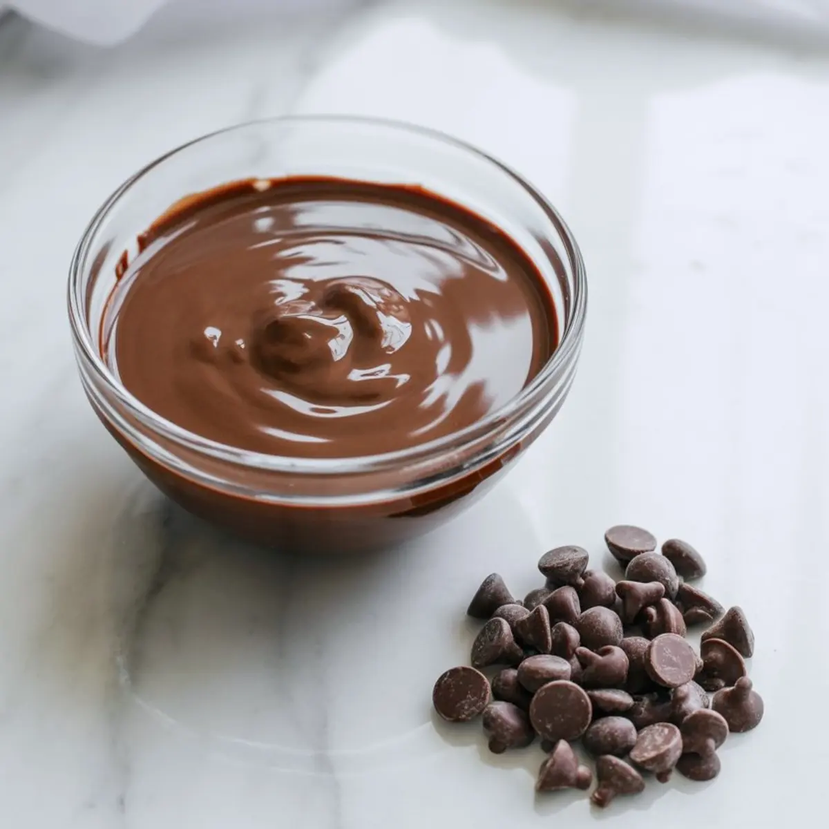 Glass bowl filled with melted semi-sweet chocolate next to a small pile of chocolate chips on a smooth white marble background.