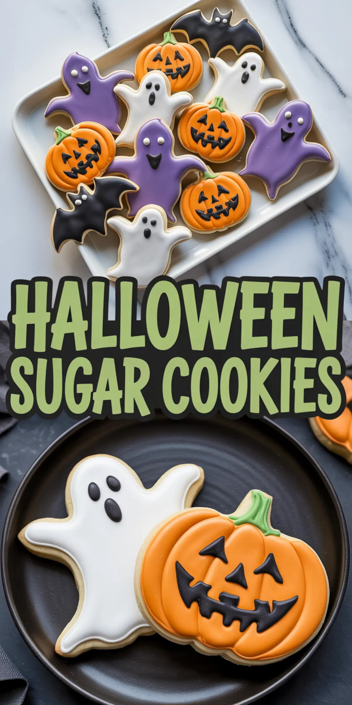 Halloween sugar cookie collage showing a tray of cookies shaped like pumpkins, ghosts, bats, and purple ghouls, with a close-up of ghost and pumpkin cookies on a black plate.
