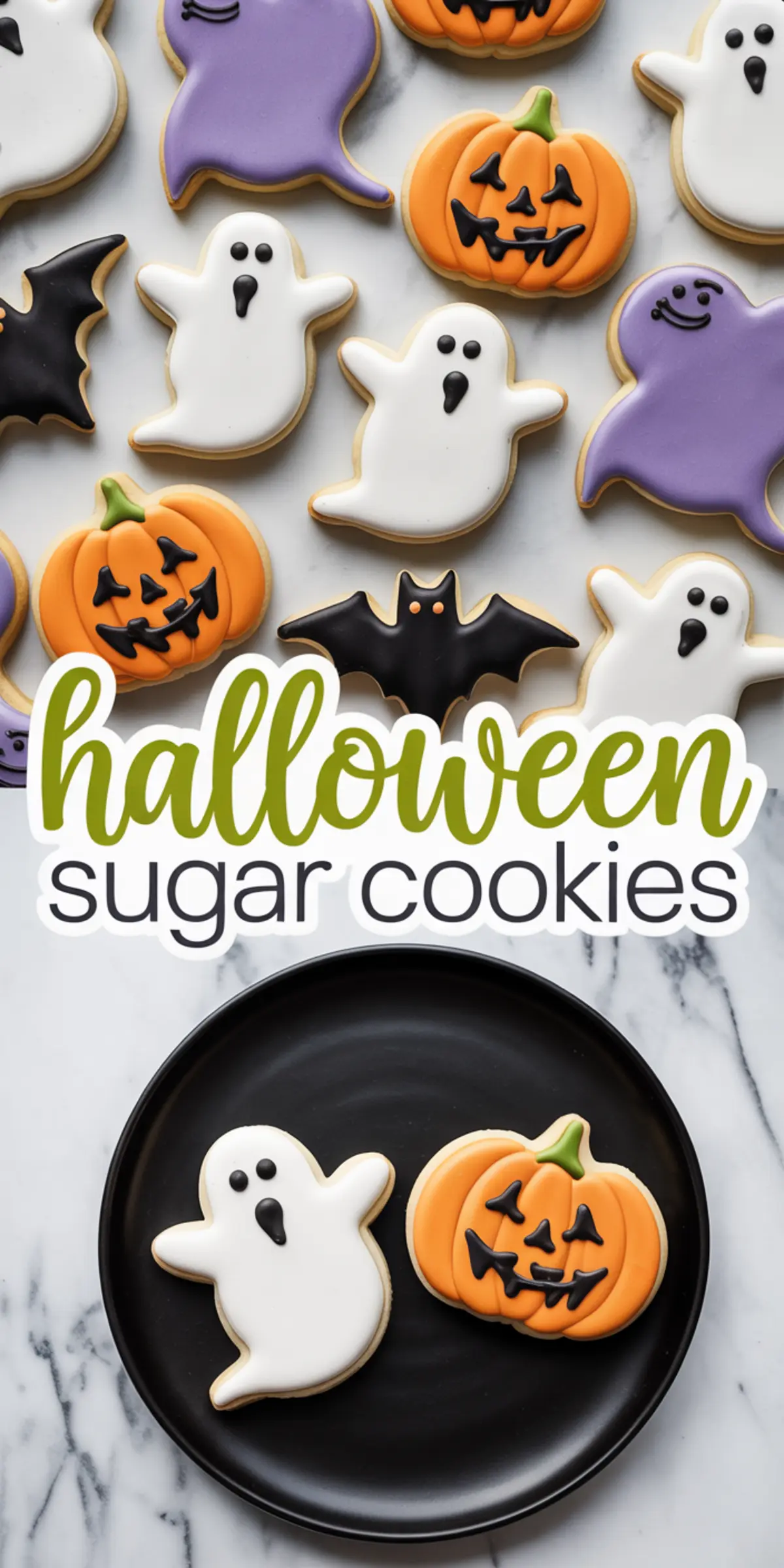 Collage of Halloween sugar cookies including ghosts, pumpkins, bats, and purple ghouls on a white background, with ghost and pumpkin cookies placed on a black plate.
