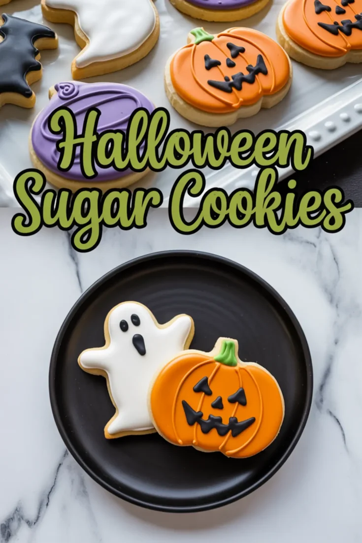 Decorated Halloween sugar cookies shaped like a ghost and jack-o’-lantern on a black plate, with additional purple, black, and orange cookies on a tray in the background.
