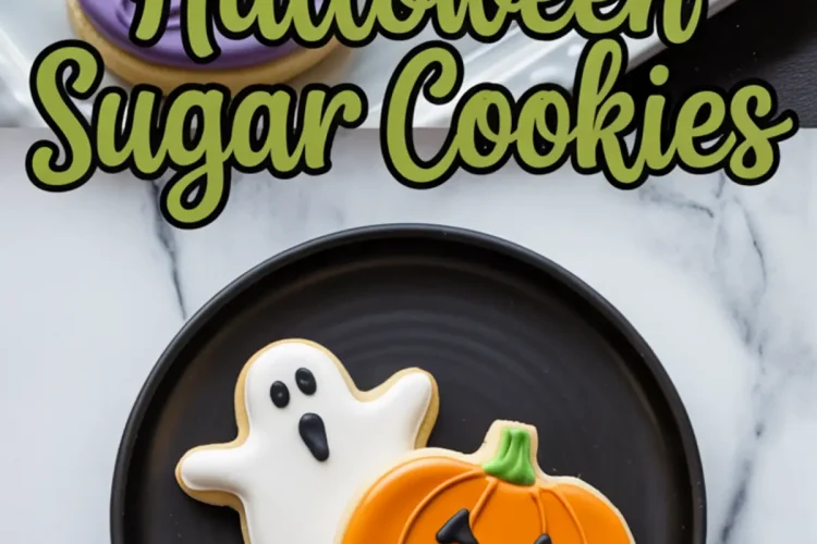 Decorated Halloween sugar cookies shaped like a ghost and jack-o’-lantern on a black plate, with additional purple, black, and orange cookies on a tray in the background.