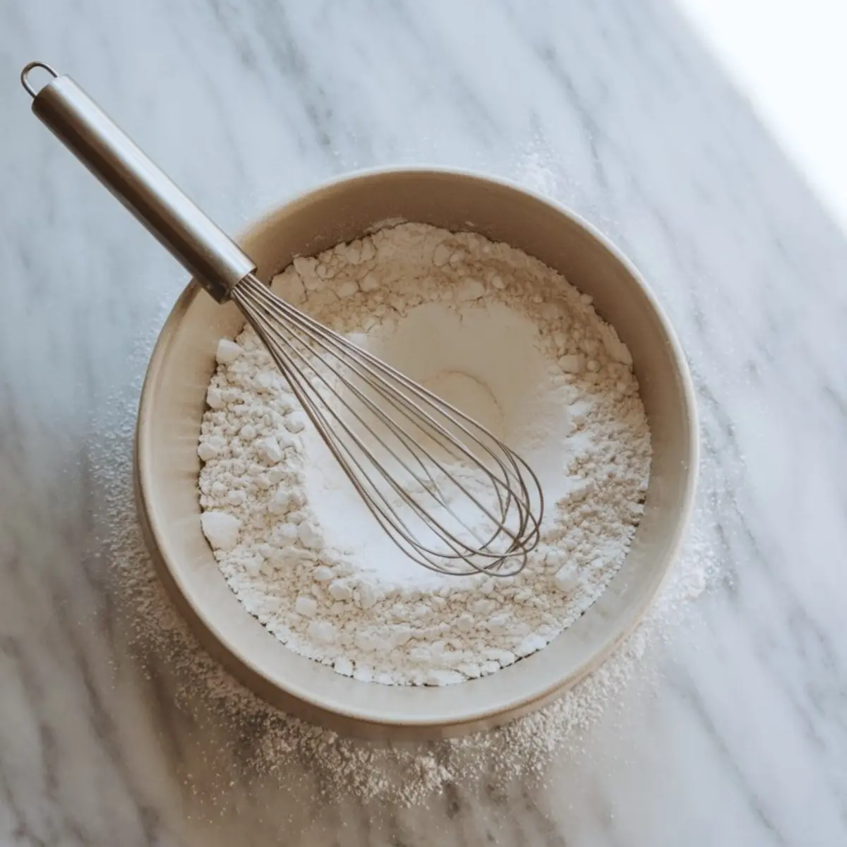 Bowl of flour with a metal whisk on a marble countertop, showing scattered flour and a smooth prep surface.
