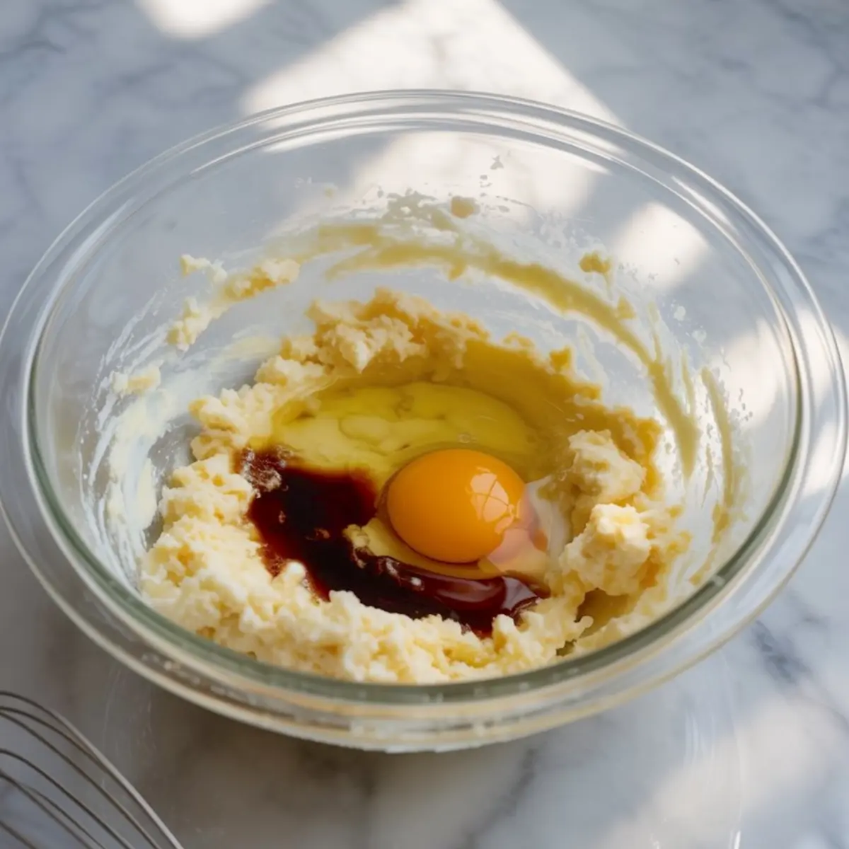 Glass mixing bowl with creamed butter, vanilla extract, and a raw egg in the center, ready to be blended for cookie dough.

