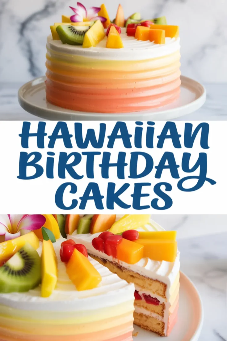 Hawaiian birthday cake with pastel ombré frosting in orange and yellow, topped with kiwi, mango, cherries, and tropical flowers, with a slice cut to display layers of fruit-filled sponge cake.