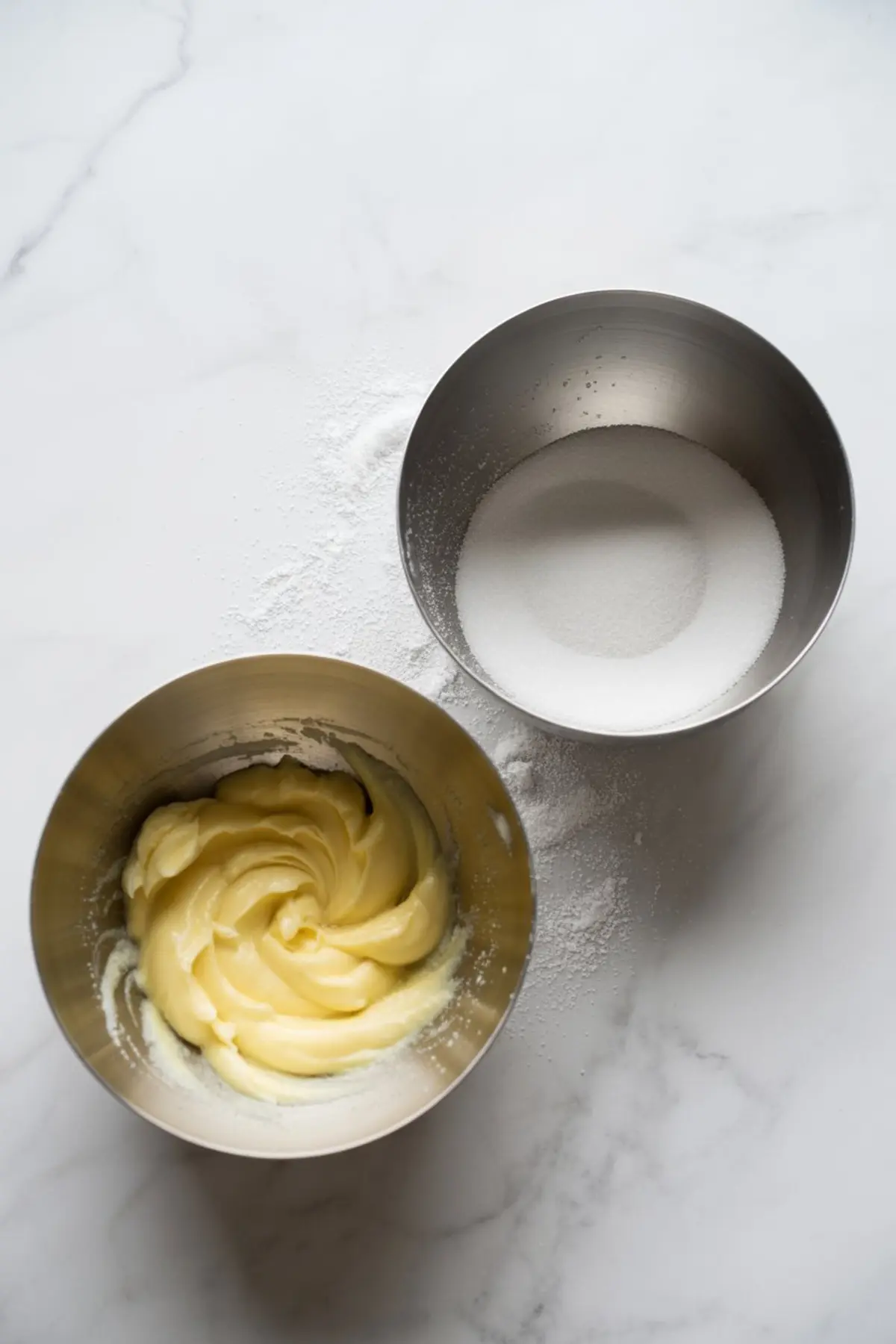 Two metal bowls on a white marble surface, one filled with whipped buttercream frosting and the other with granulated sugar.