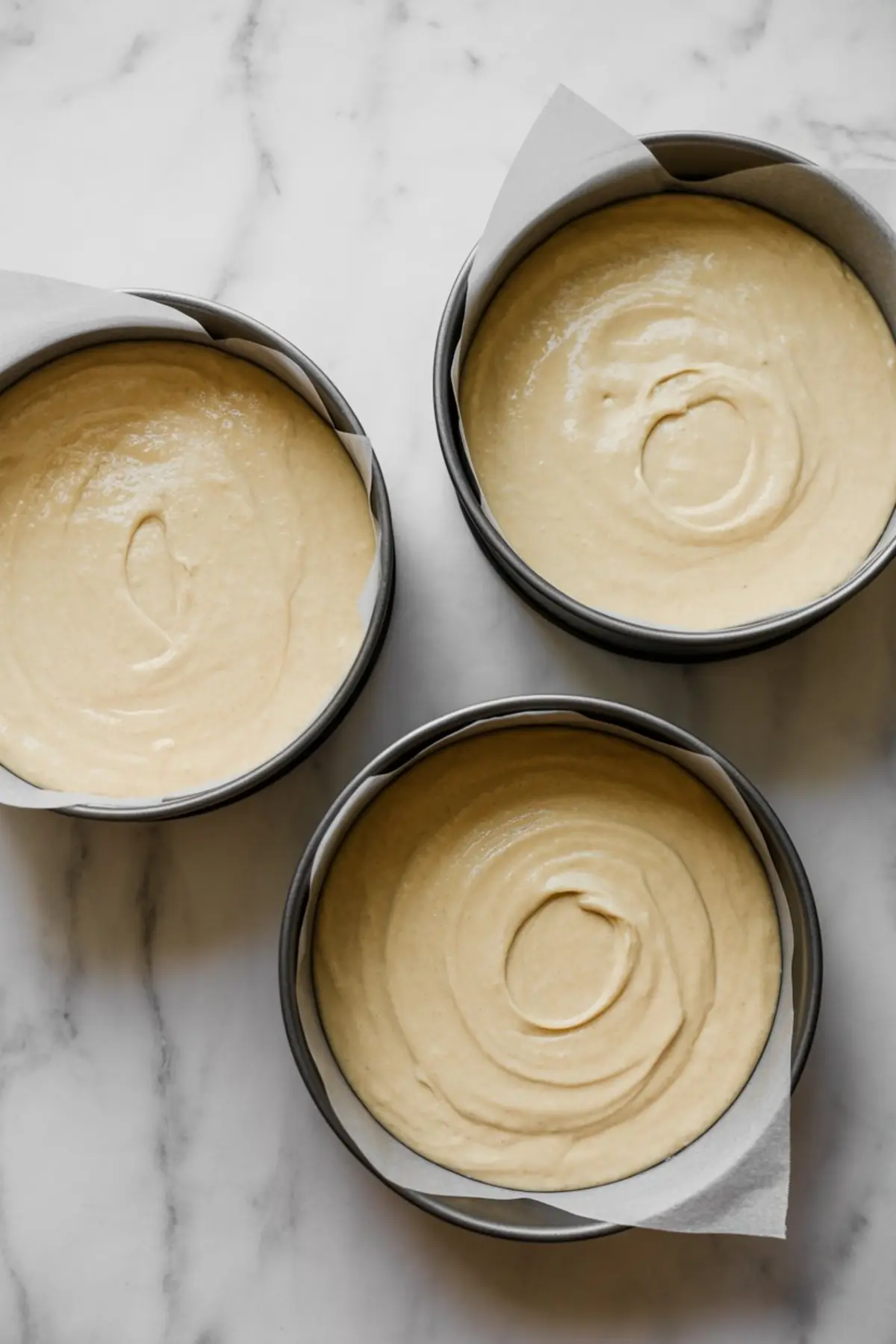 Three round cake pans lined with parchment paper, each filled with smooth vanilla cake batter, ready to be baked.