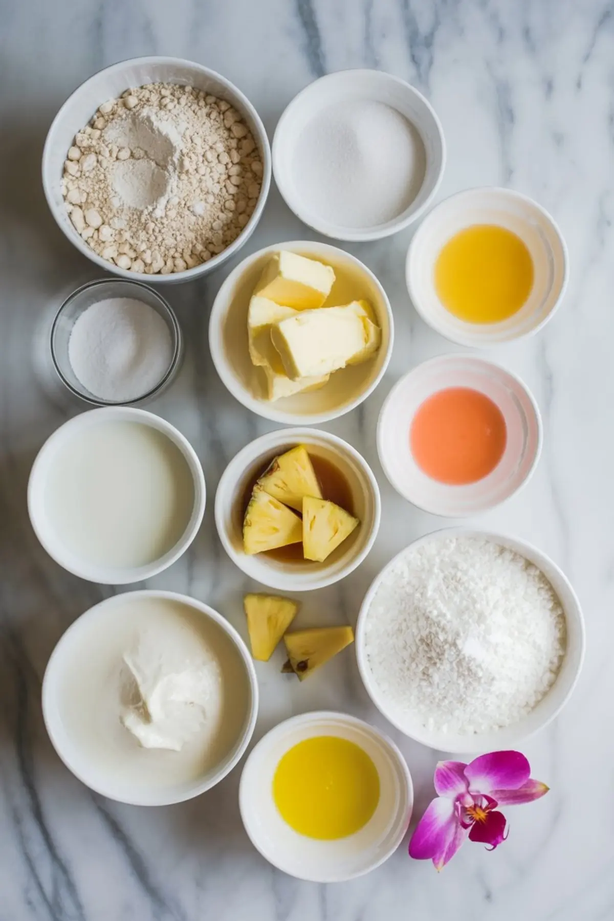 Baking ingredients for a tropical cake laid out in white bowls, including flour, sugar, butter, milk, pineapple chunks, fruit juices, and an orchid flower for decoration.