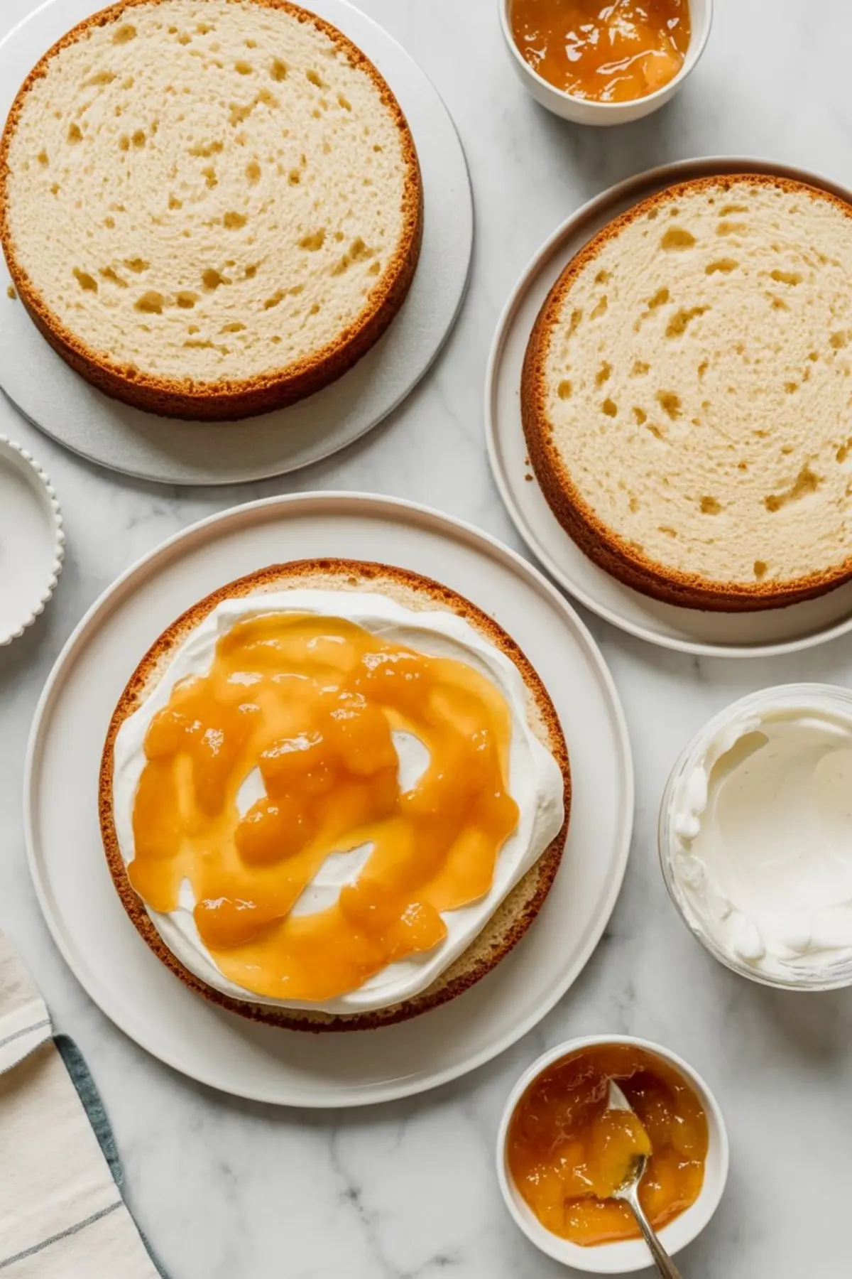 Layered sponge cakes being assembled with whipped cream and golden peach filling spread between the layers on a white surface.