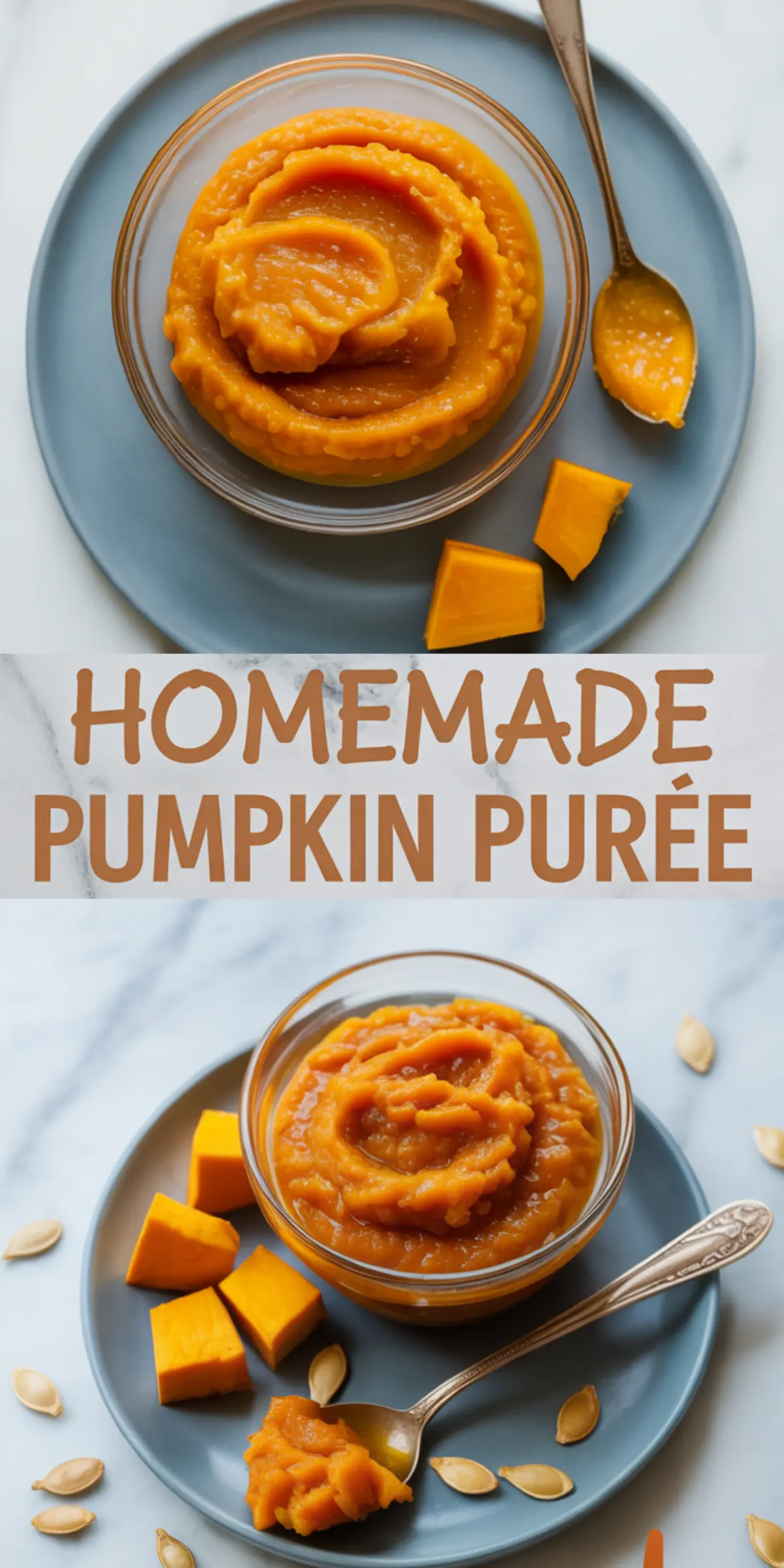 Two styled plates of homemade pumpkin purée in glass bowls, surrounded by fresh pumpkin cubes and pumpkin seeds, with text overlay reading “Homemade Pumpkin Purée.”

