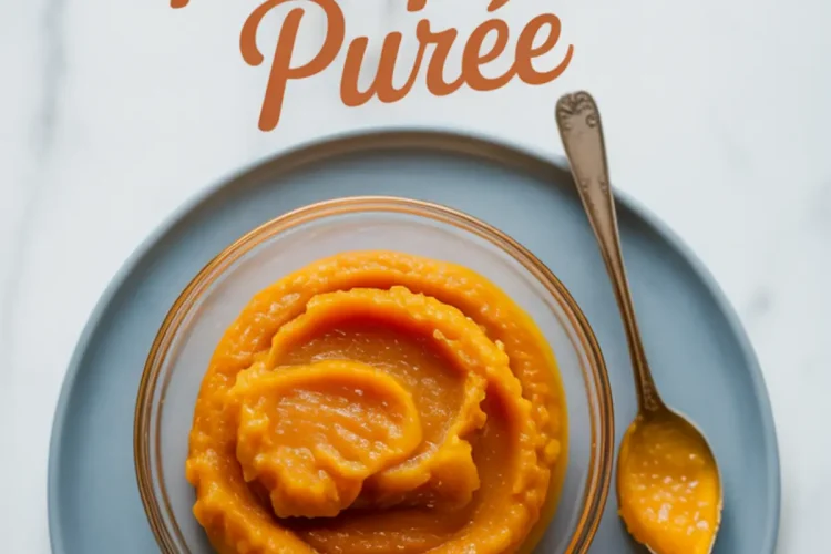 Glass bowl of creamy homemade pumpkin purée on a gray plate with pumpkin cubes, a spoon, and text overlay reading “Homemade Pumpkin Purée.”