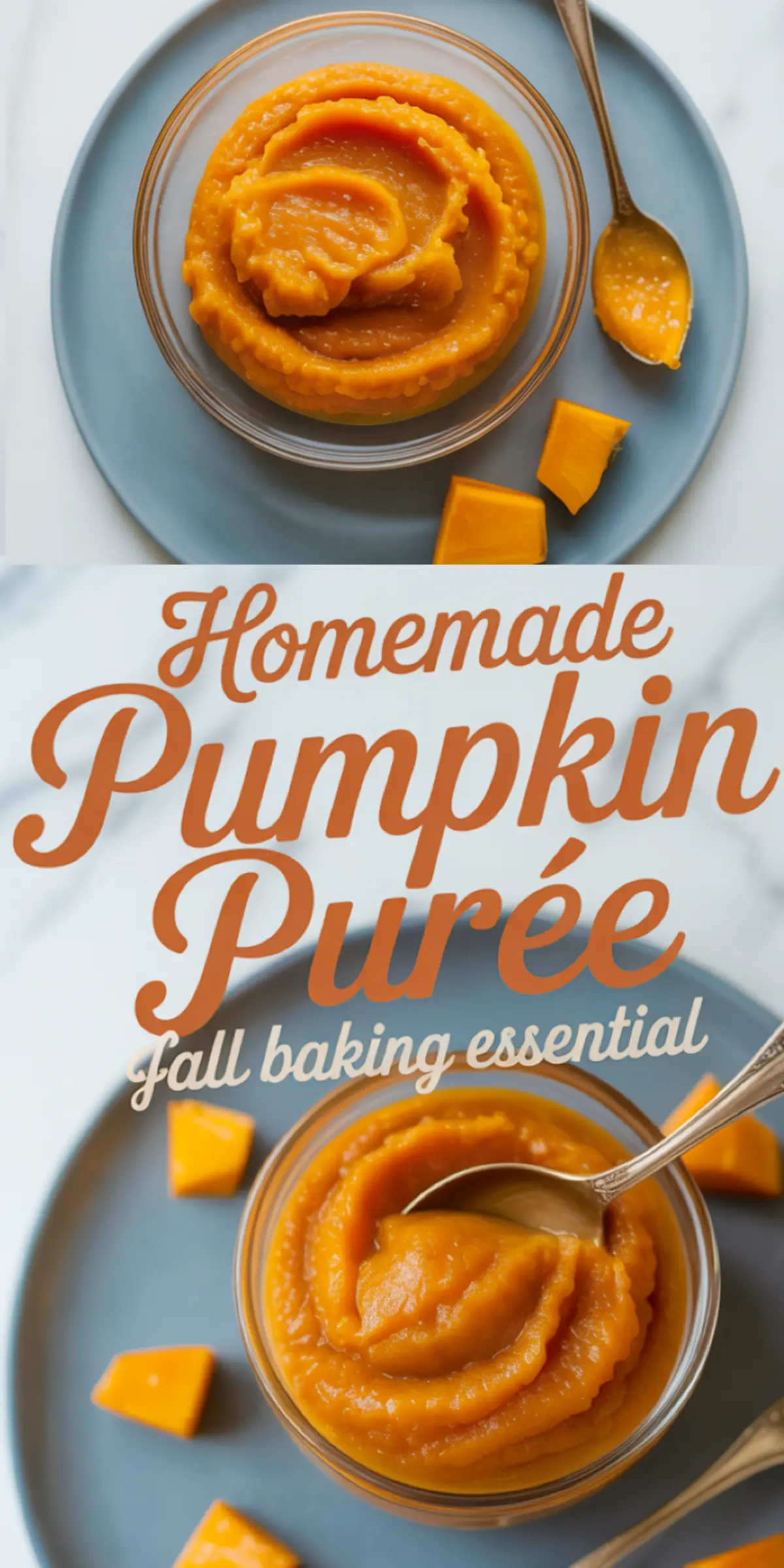 Glass bowl of silky pumpkin purée on a gray plate with pumpkin cubes and scattered seeds, styled with a spoon and text overlay reading “Homemade Pumpkin Purée Fall Baking Essential.”
