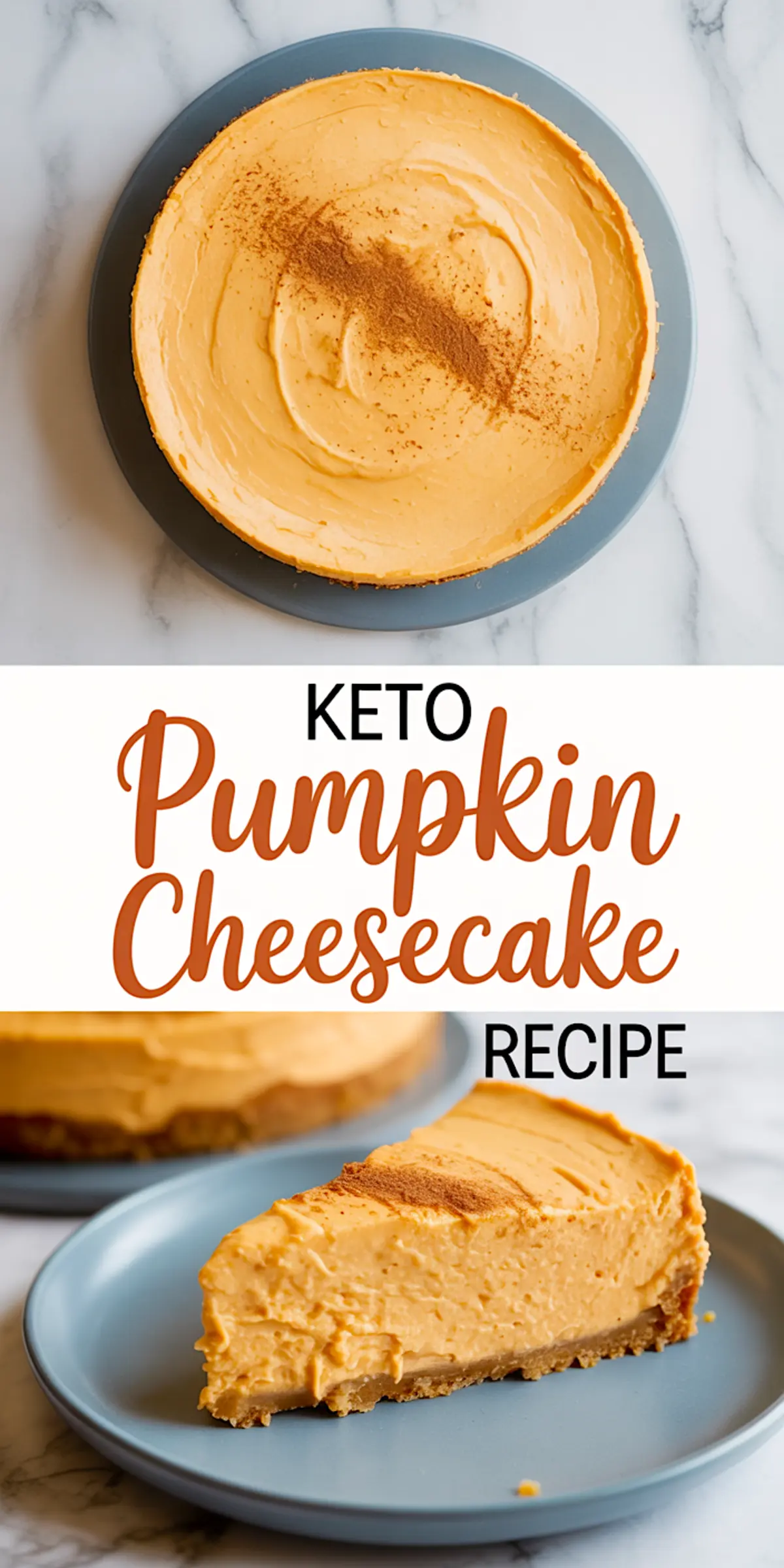 Top-down and side view of keto pumpkin cheesecake topped with cinnamon, showing a smooth creamy texture and a golden almond flour crust, styled on blue plates.
