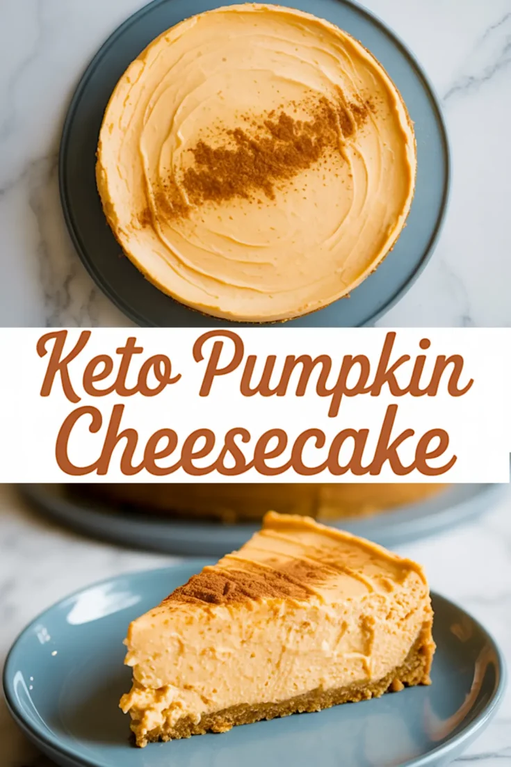 Top and sliced view of keto pumpkin cheesecake dusted with cinnamon, featuring a velvety filling and crumbly crust on a blue plate, labeled with recipe text overlay.