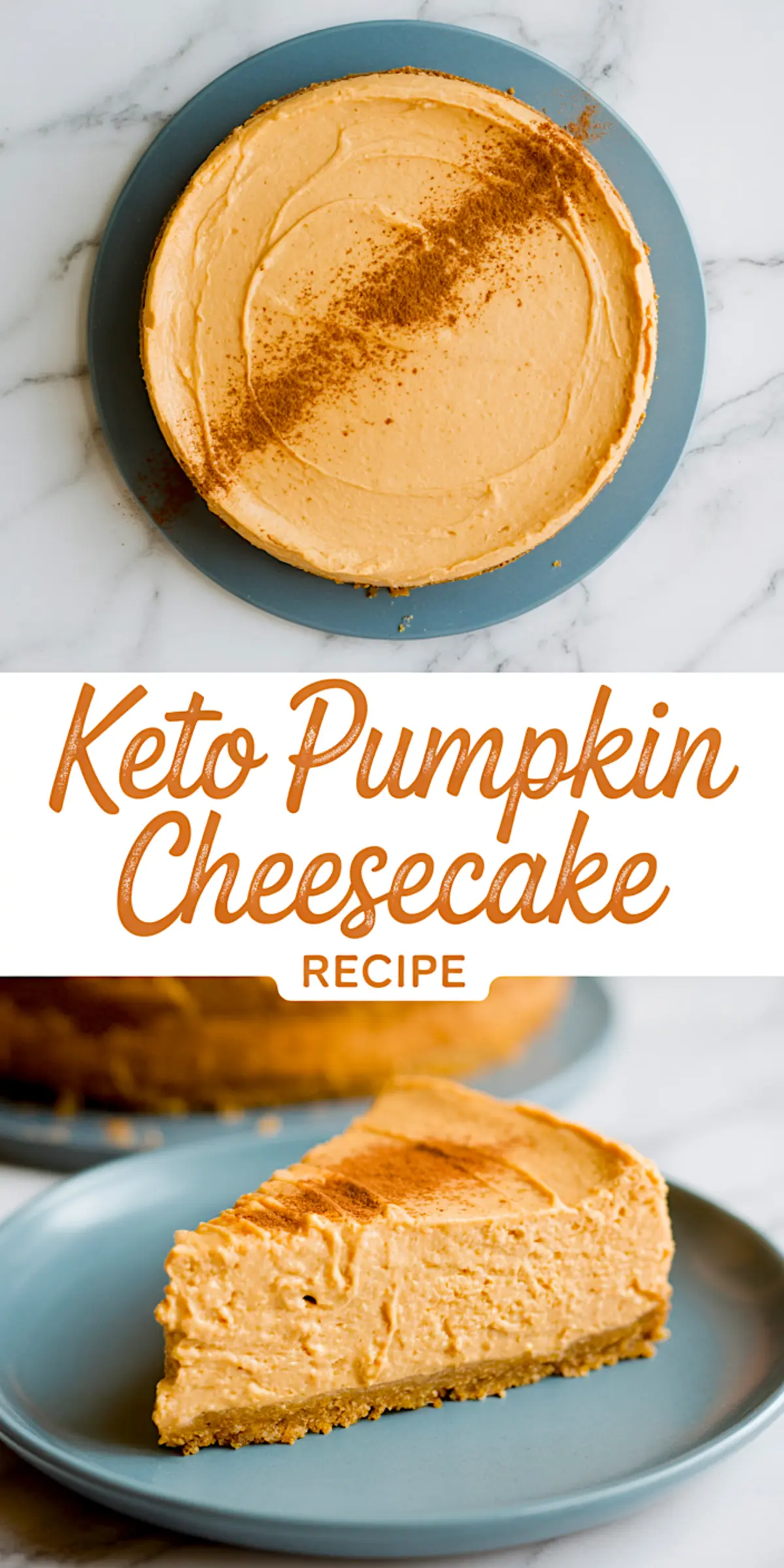 Overhead and plated shot of keto pumpkin cheesecake garnished with ground cinnamon, showcasing a creamy orange filling and firm crust, styled on a marble background.
