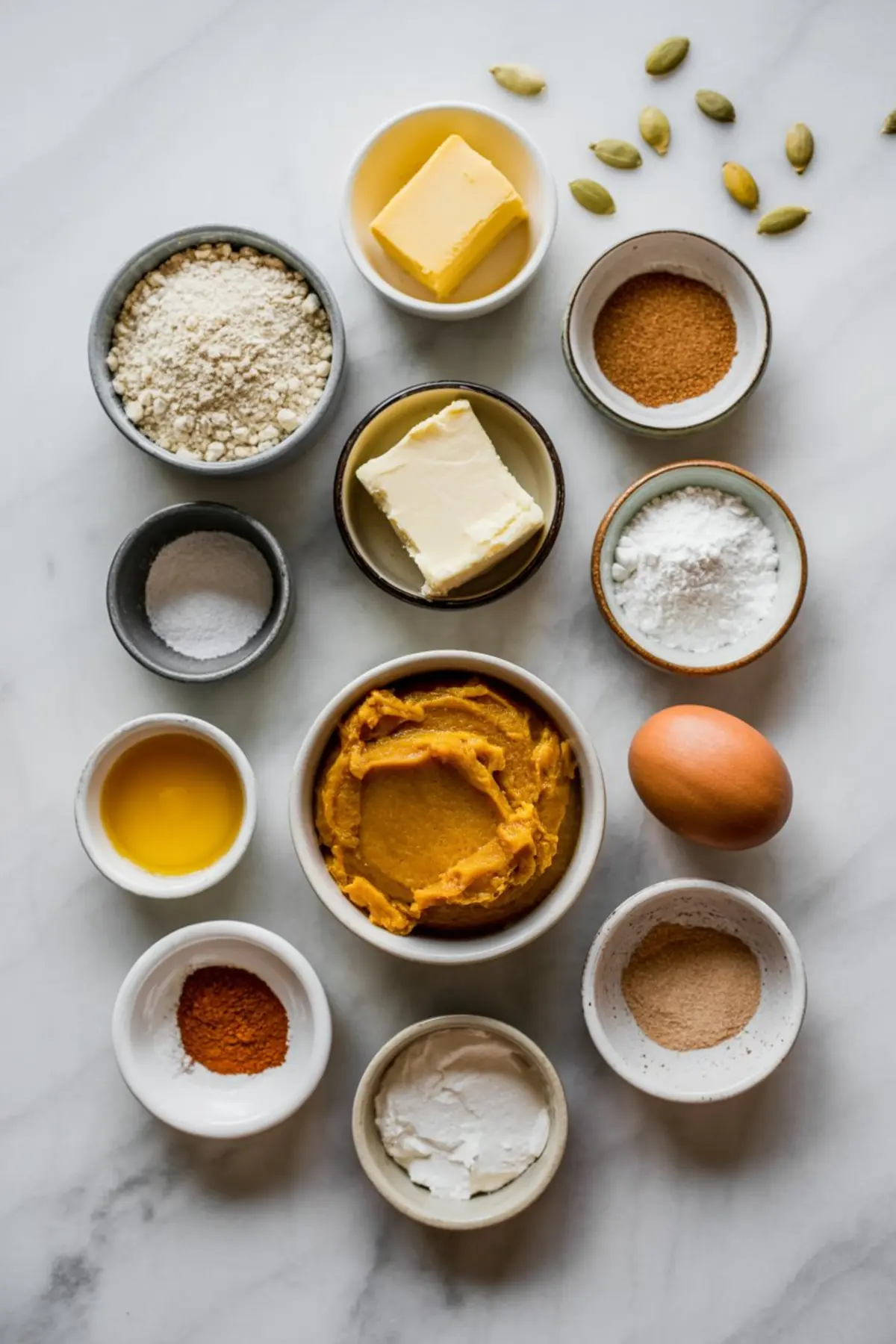 Flat lay of keto baking ingredients including pumpkin puree, almond flour, butter, cream cheese, egg, spices, baking powder, and sweeteners on a white surface.
