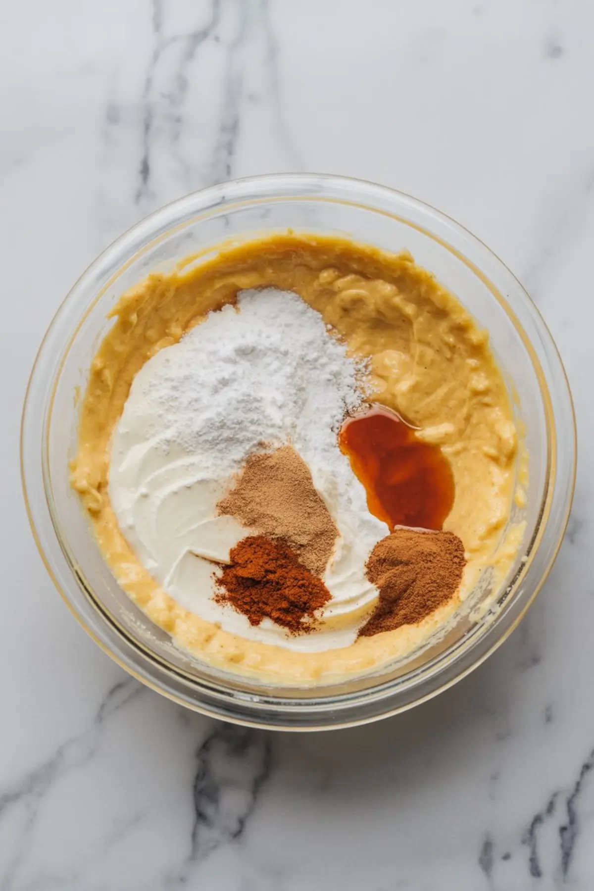 Glass mixing bowl with creamy pumpkin mixture topped with baking powder, sour cream, vanilla extract, cinnamon, nutmeg, and ginger on a marble countertop.
