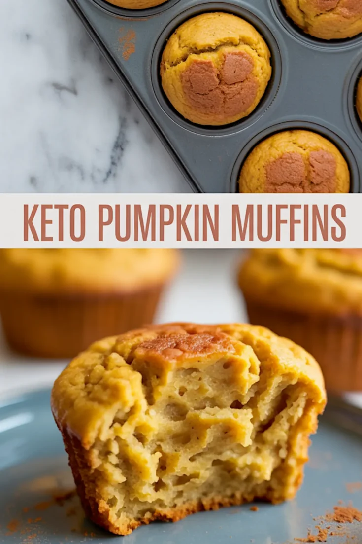 Keto pumpkin muffins in a baking tray with a close-up of a sliced muffin on a plate, showcasing a moist and airy texture, text overlay reading “Keto Pumpkin Muffins.”