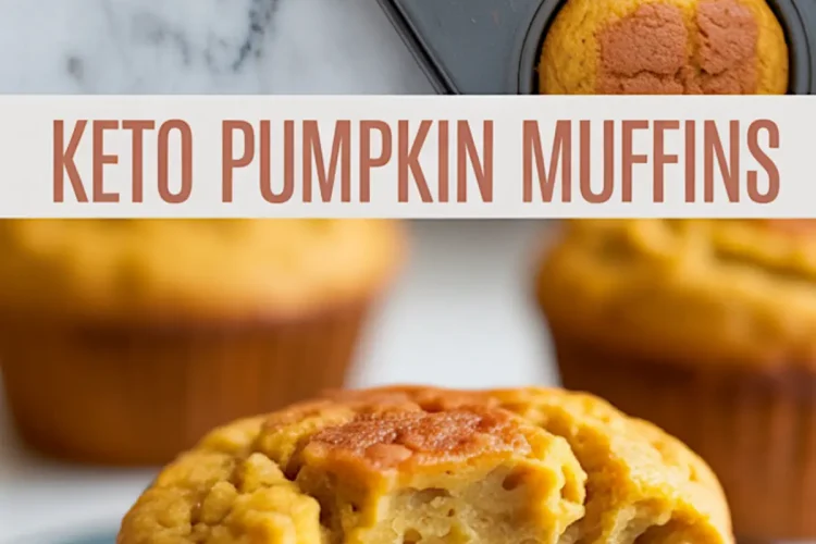 Keto pumpkin muffins in a baking tray with a close-up of a sliced muffin on a plate, showcasing a moist and airy texture, text overlay reading “Keto Pumpkin Muffins.”