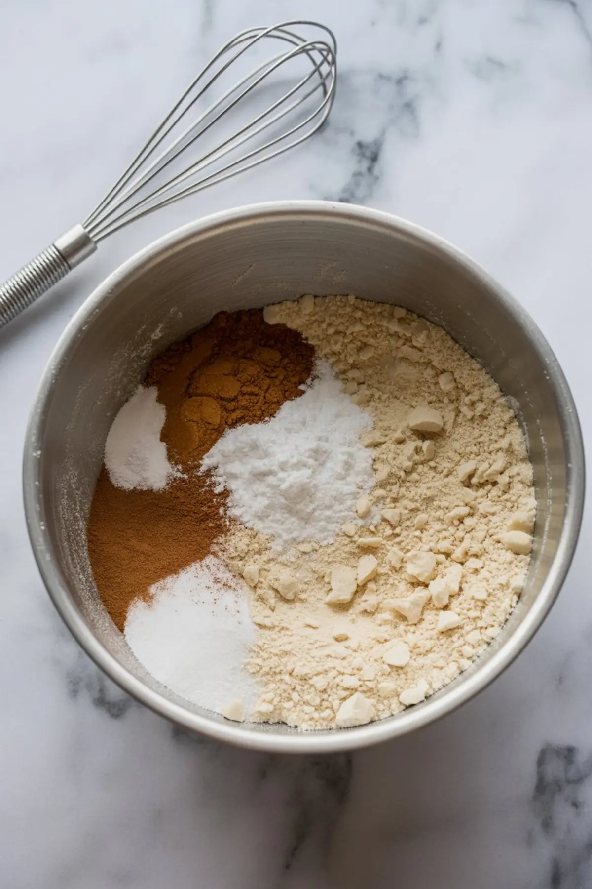 Metal mixing bowl with almond flour, baking powder, salt, cinnamon, and spices ready to be whisked together.