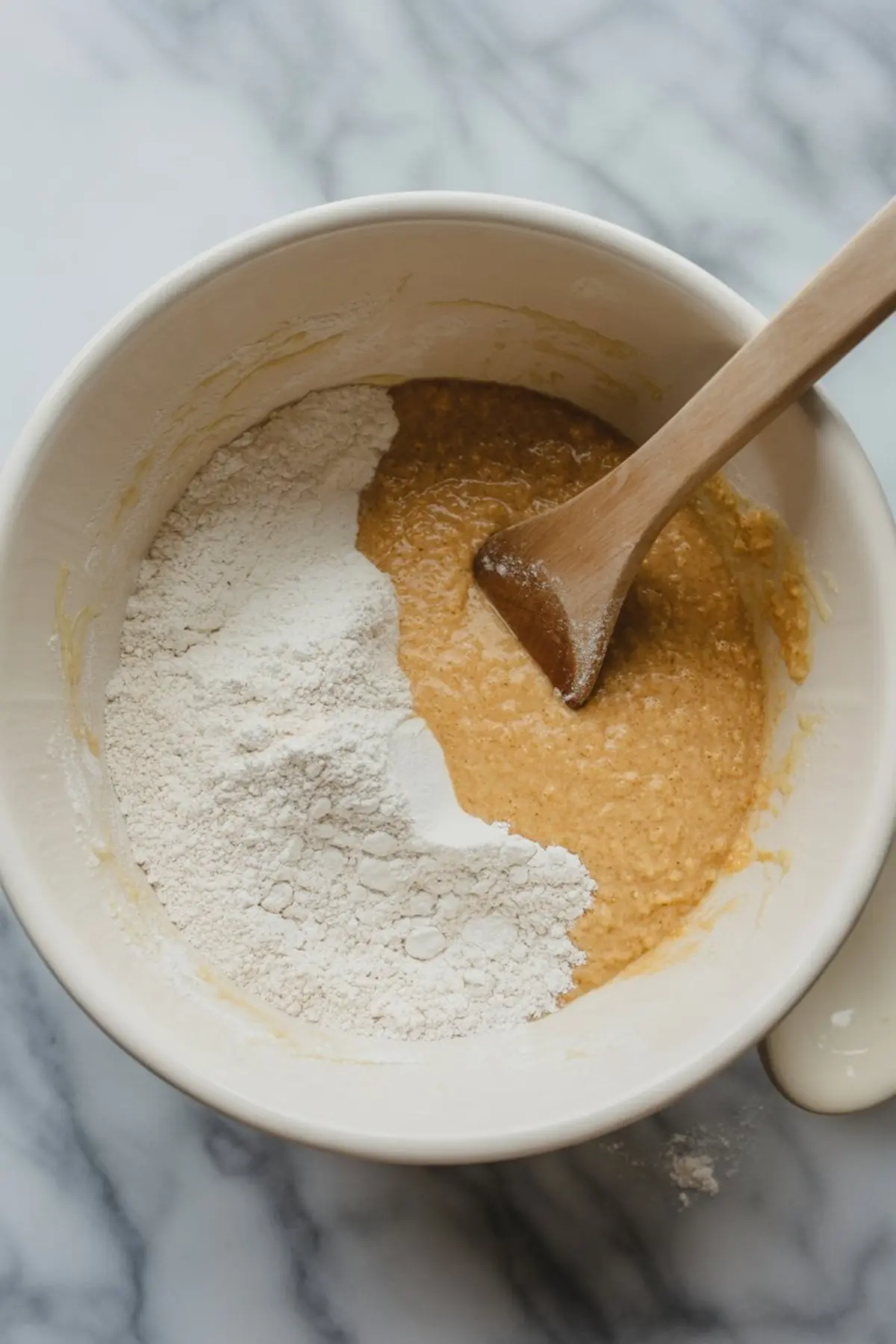 Mixing bowl with pumpkin batter and flour being stirred with a wooden spoon on a marble countertop.