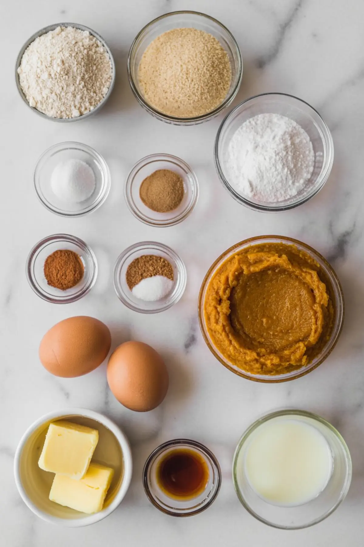 Overhead view of keto pumpkin muffin ingredients, including flour, sugar substitutes, spices, pumpkin puree, eggs, butter, vanilla, and milk arranged in small bowls.