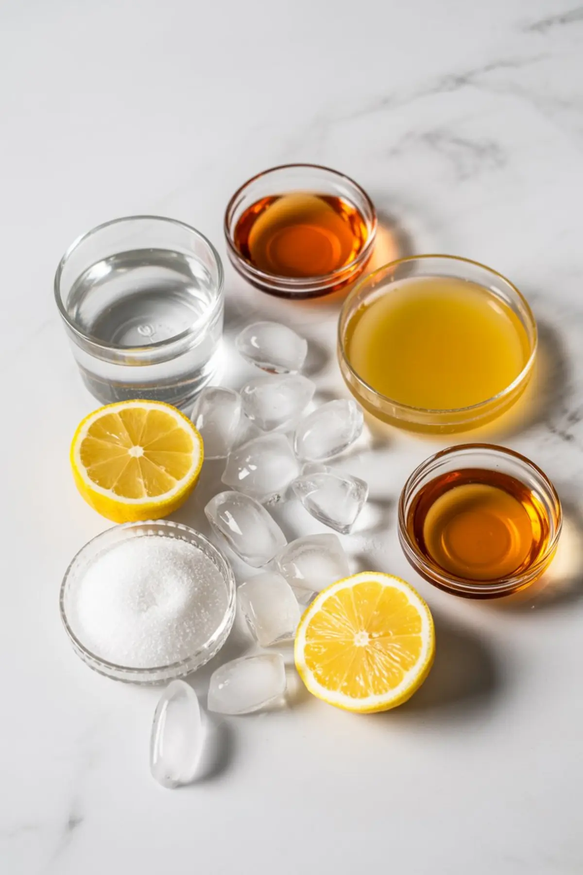 Flat lay of lemon drop martini ingredients including vodka, lemon juice, simple syrup, triple sec, sugar, and ice cubes arranged on a white marble surface with lemon halves.
