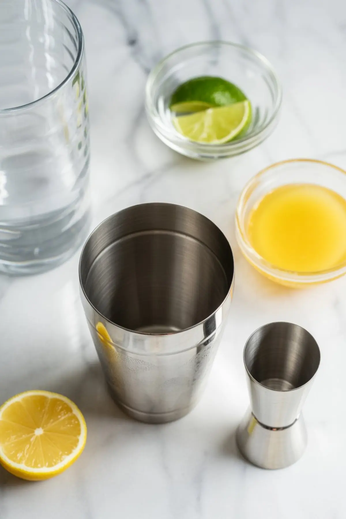 Flat lay of bar tools for making a lemon drop martini, featuring a cocktail shaker, jigger, lemon, lime slices, and a bowl of lemon juice on a marble surface.