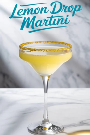 Single lemon drop martini in a margarita glass with gold sugar rim and pale yellow cocktail, set against a marble backdrop with “Lemon Drop Martini” text overlay.