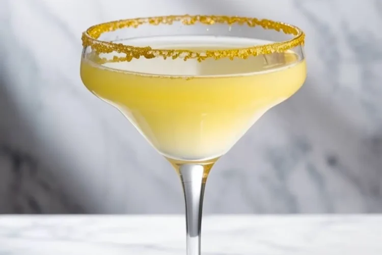 Single lemon drop martini in a margarita glass with gold sugar rim and pale yellow cocktail, set against a marble backdrop with “Lemon Drop Martini” text overlay.