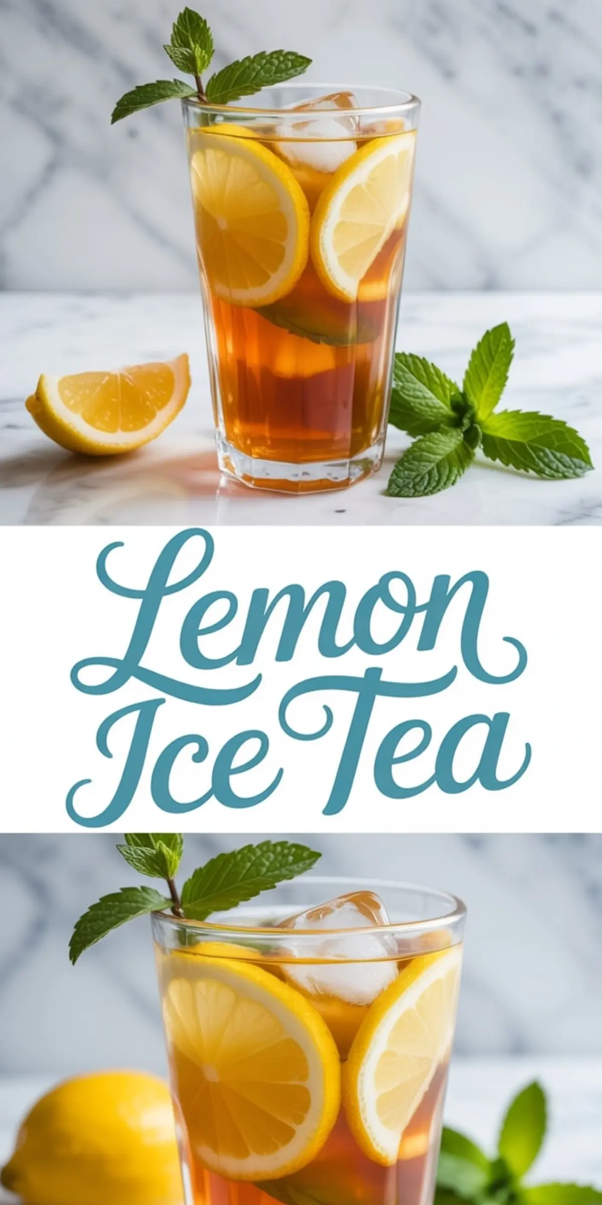 Refreshing lemon ice tea in a clear glass with ice cubes, lemon slices, and mint leaves, styled on a marble background with “Lemon Ice Tea” text in a handwritten font between two views.
