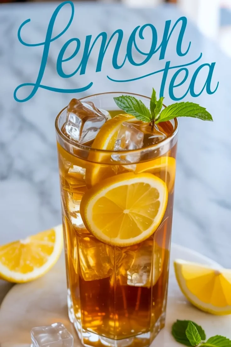 Close-up of iced lemon tea in a tall glass with lemon slices, ice cubes, and mint garnish, with “Lemon tea” text in cursive above on a bright marble tabletop.