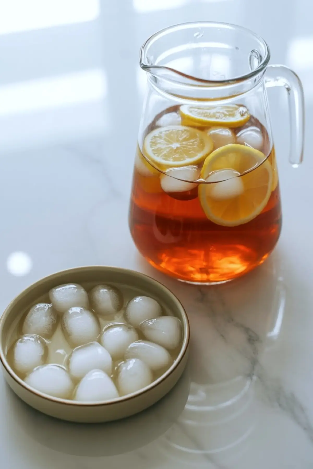 Glass pitcher filled with iced lemon tea, floating lemon slices, and ice cubes, next to a bowl of ice on a glossy marble surface under natural light.

