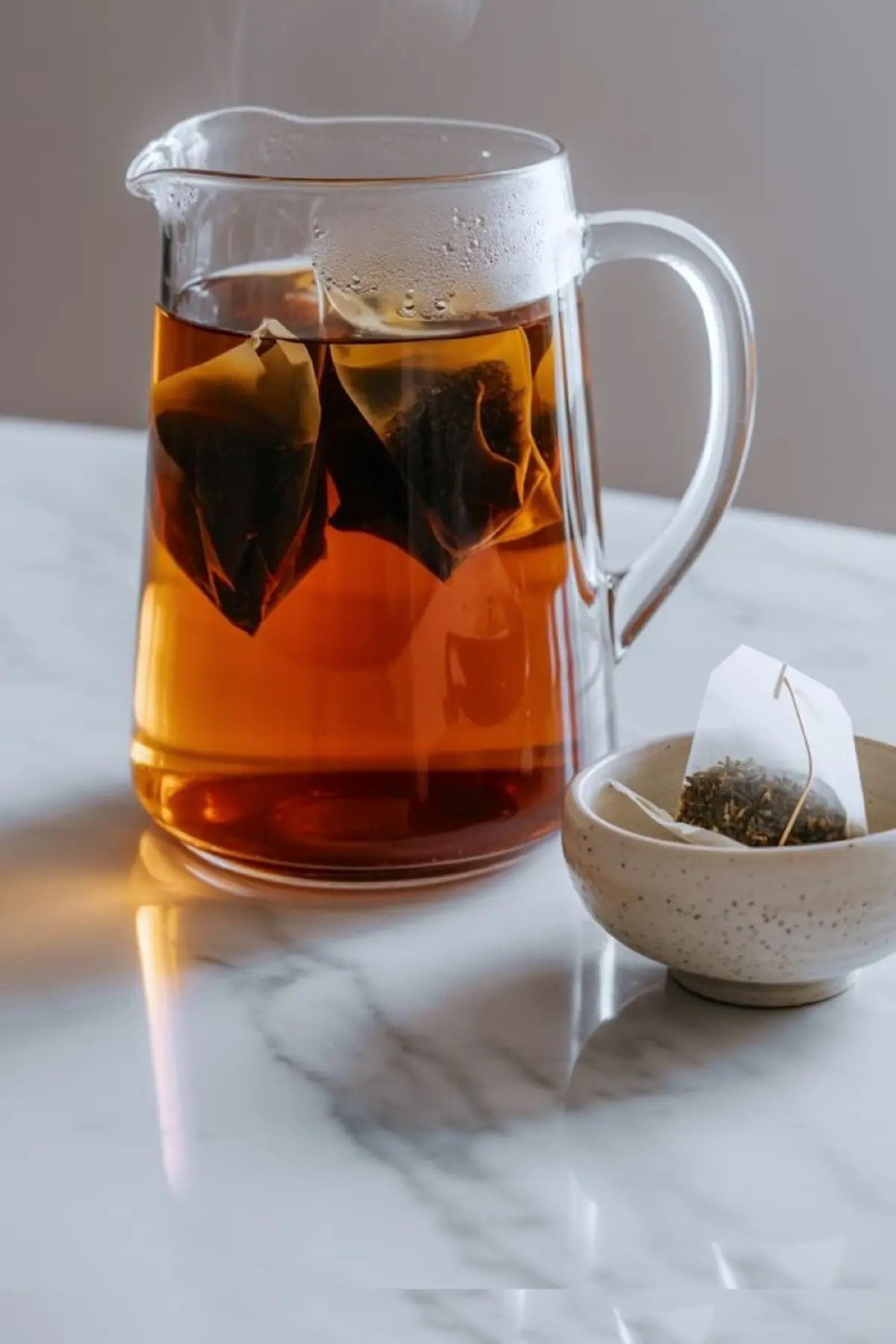 Glass pitcher of hot steeping black tea with tea bags inside, next to a ceramic bowl with a dry tea bag, all set on a clean marble surface.
