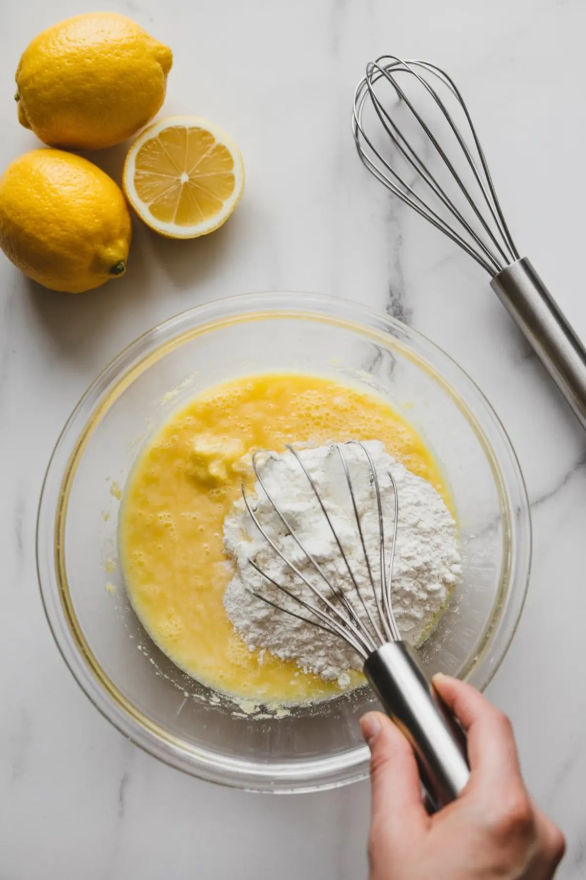 Mixing bowl with a lemon custard mixture of eggs, sugar, lemon juice, and flour being whisked together, with fresh lemons and a whisk nearby.