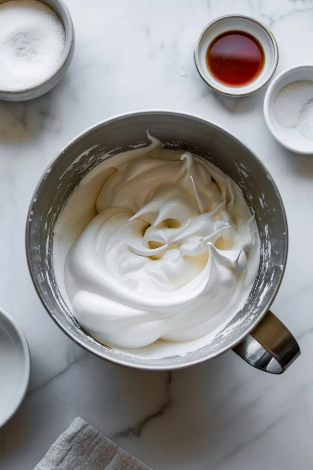 Stainless steel mixing bowl filled with glossy, whipped meringue peaks surrounded by small bowls of sugar, vanilla, and cornstarch on a marble countertop.