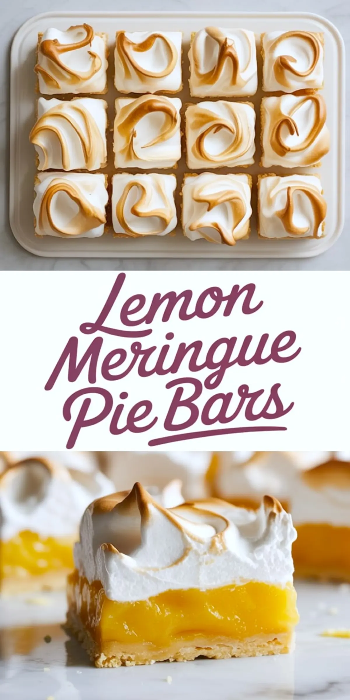 Overhead view of lemon meringue pie bars cut into neat squares with golden toasted swirls of meringue on top, set on a white serving tray.