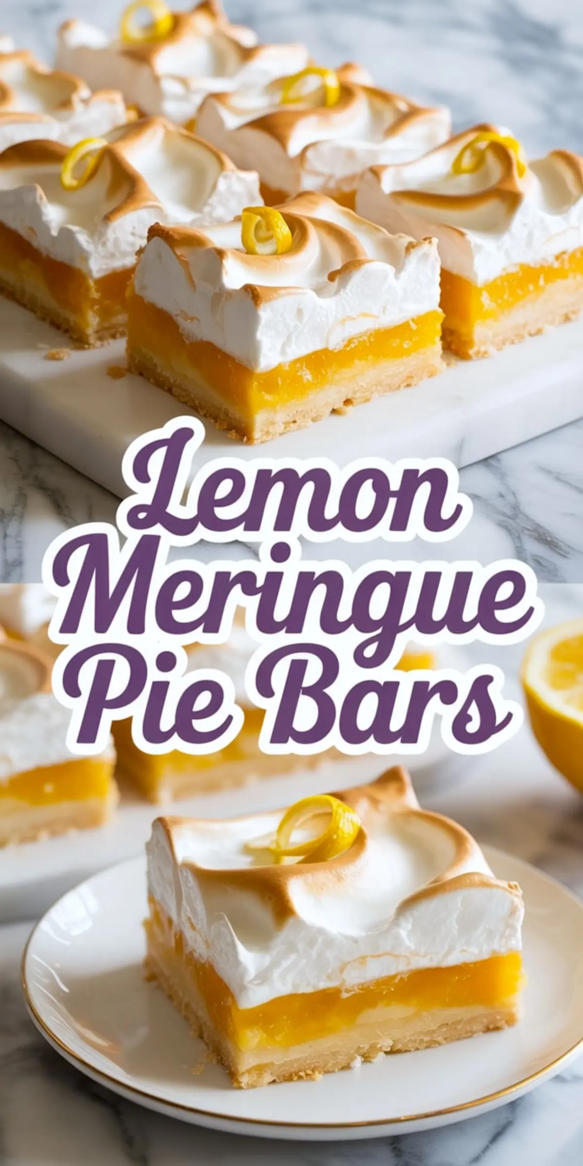 Close-up of lemon meringue pie bars with layers of buttery crust, bright lemon curd, and fluffy toasted meringue, garnished with lemon twists on a marble surface.