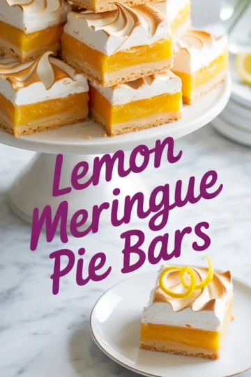 Lemon meringue pie bars stacked on a white cake stand, showing vibrant yellow lemon curd and golden meringue topping, with a plated slice in the foreground.