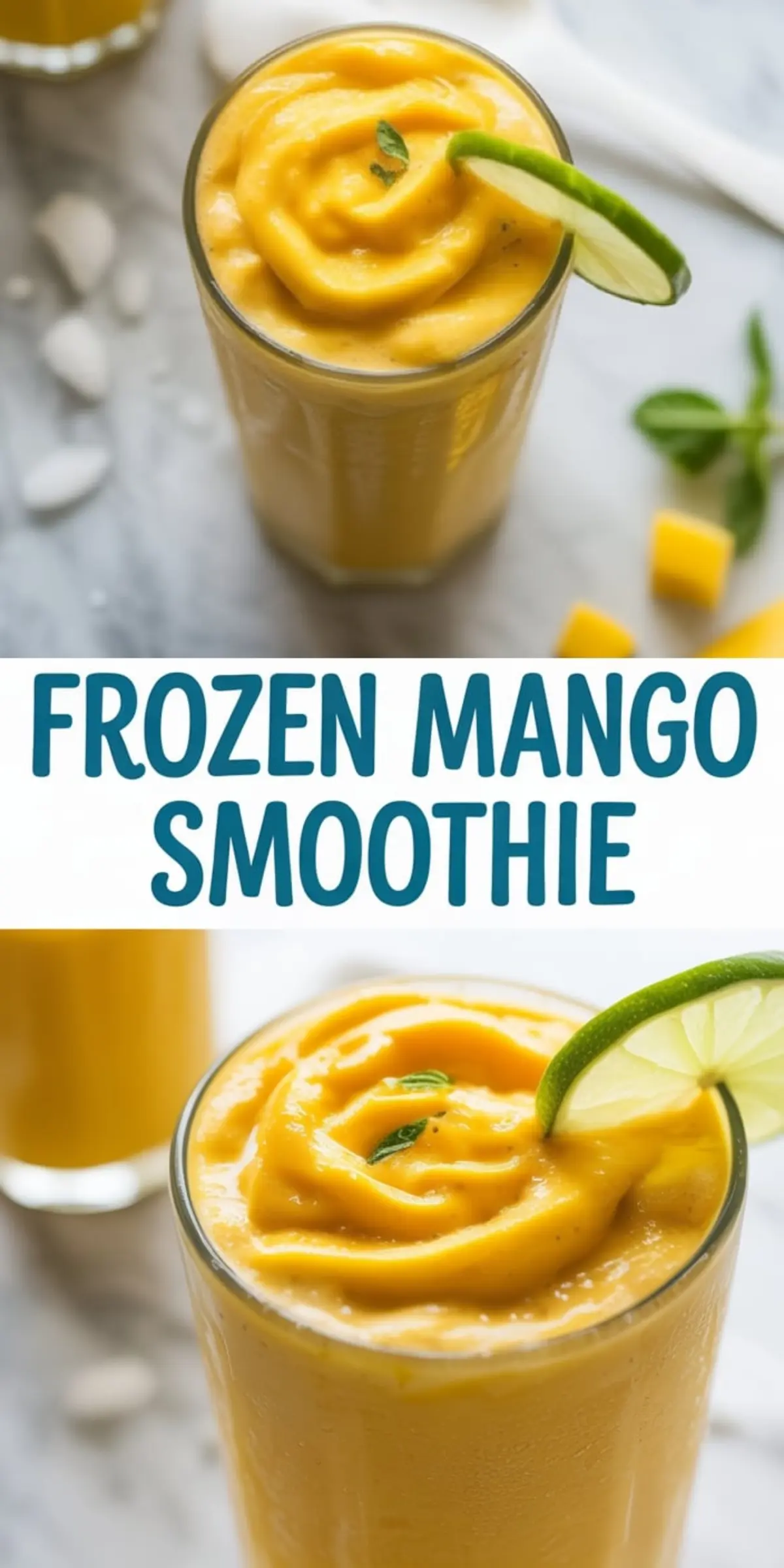 Two vertical shots of a creamy frozen mango smoothie in a clear glass, garnished with fresh mint and a lime wheel, surrounded by ice cubes and mango chunks, presented in a side-by-side collage layout.
