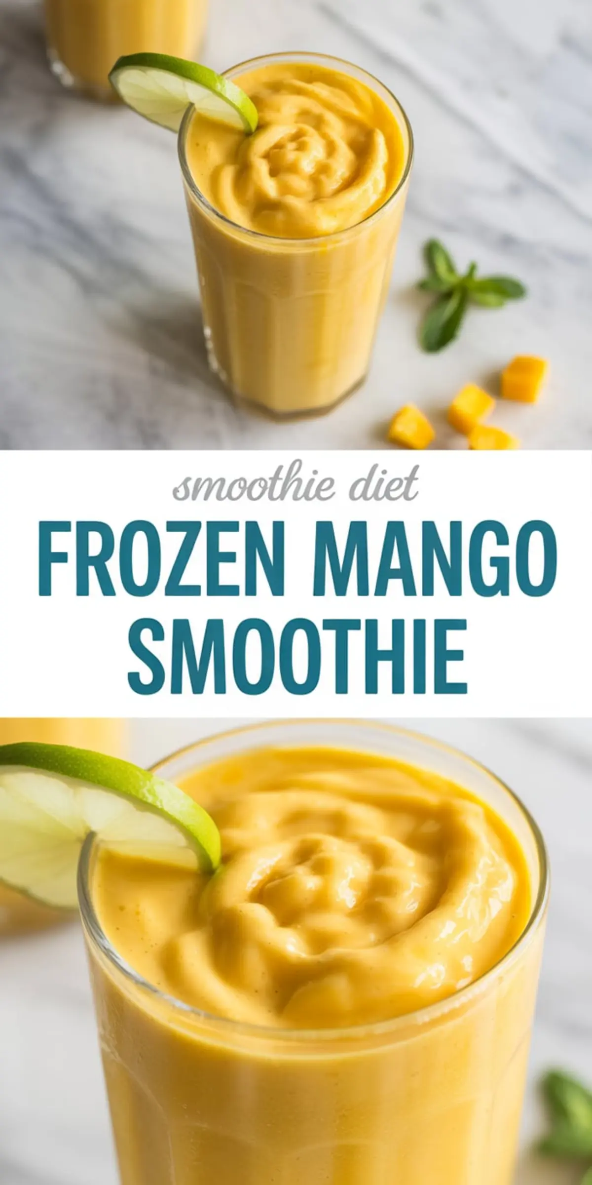 Glass of frozen mango smoothie with a swirl texture and lime slice on the rim, styled with cubed mango and mint on a light marble surface, shown in a top and angled close-up collage format.
