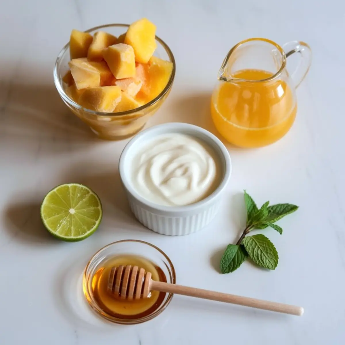 Flat lay of frozen mango chunks, Greek yogurt, honey, lime, orange juice, and mint leaves arranged on a white surface, showcasing ingredients for a homemade mango smoothie recipe.
