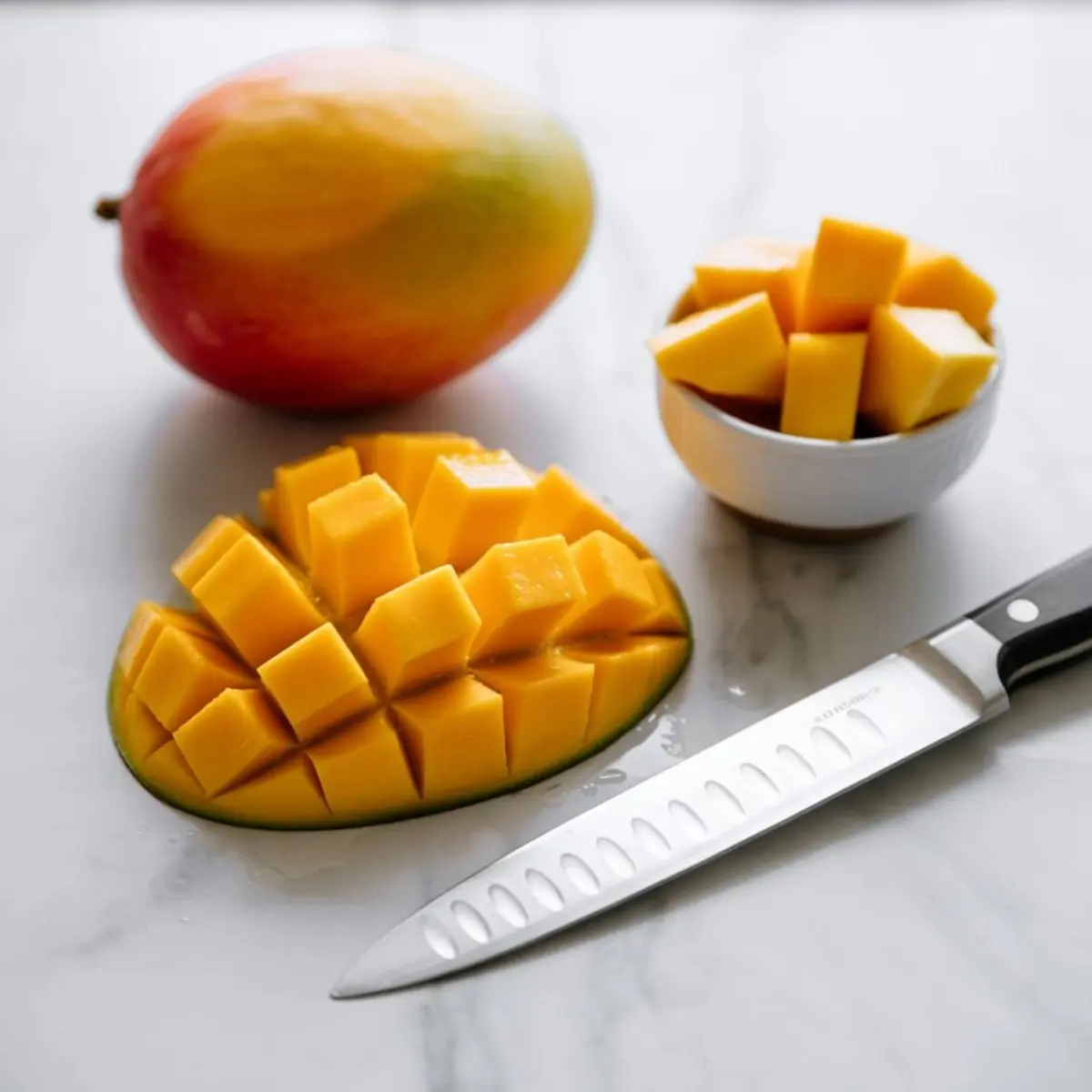 Fresh mango cut into cubes with a knife and bowl of diced mango on a white marble counter, featuring a whole ripe mango in the background, ideal for smoothie preparation.
