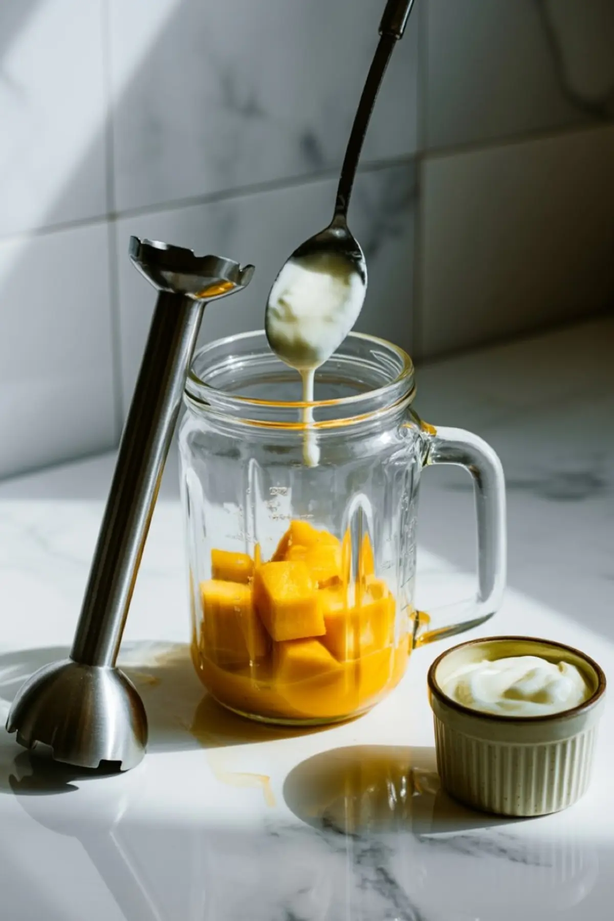 Mango chunks and orange juice in a glass blender jar with yogurt being spooned in, placed beside a hand blender and ramekin of yogurt on a sunlit marble surface, capturing smoothie prep in progress.
