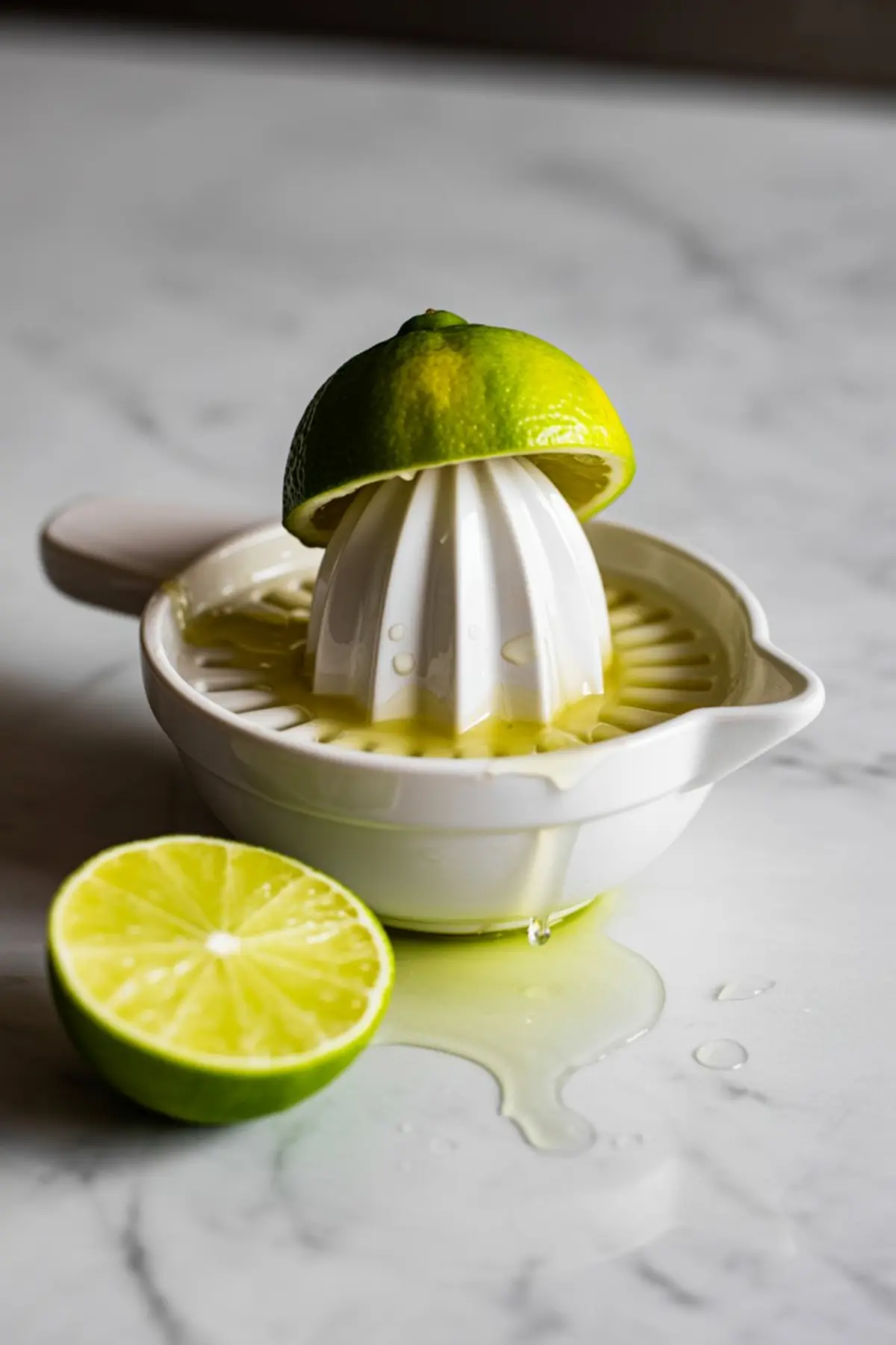 Fresh lime juicing in a white citrus squeezer with lime juice pooling below, set on a marble surface with halved limes, perfect for adding citrus to smoothies or drinks.
