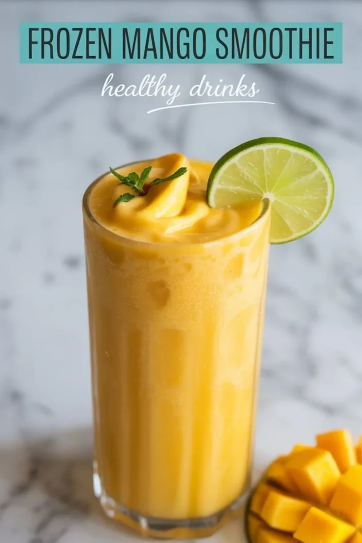 Frozen mango smoothie in a tall glass with a thick swirl top, garnished with fresh mint and lime slice, set on a marble surface next to cubed mango, labeled as a healthy drink option.