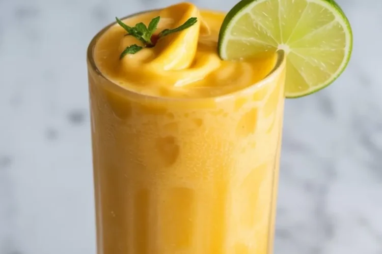 Frozen mango smoothie in a tall glass with a thick swirl top, garnished with fresh mint and lime slice, set on a marble surface next to cubed mango, labeled as a healthy drink option.